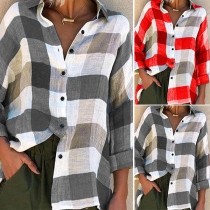 Casual Style Long Sleeve POLO Collar Plaid Shirt