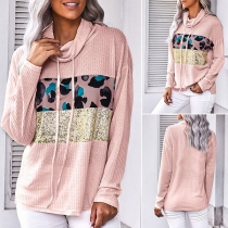 Fashion Printed Sequin Spliced Long Sleeve Cowl Neck Sweatshirt