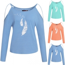 Sexy Off-shoulder Long Sleeve Round Neck Feather Printed T-shirt