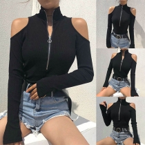 Sexy Off-shoulder Long Sleeve Mock Neck Solid Color Slim Fit Bodysuit
