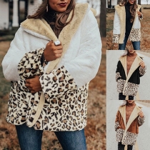 Fashion Leopard Spliced Long Sleeve Notched Lapel Plush Coat