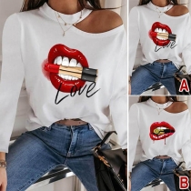 Sexy Off-shoulder Long Sleeve Round Neck Lip Printed Top