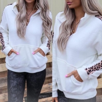 Fashion Leopard Spliced Long Sleeve Stand Collar Sweatshirt