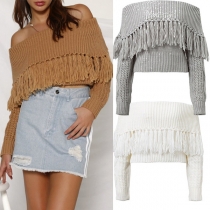 Chic Style Cape Tassel Collar Solid Color Sweater