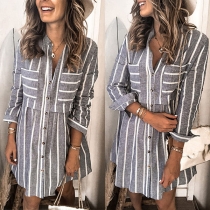 Fashion Long Sleeve Stand Collar Single-breasted Striped Shirt Dress