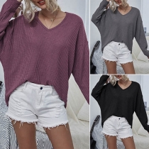 Fashion Solid Color Long Sleeve V-neck Knit Top