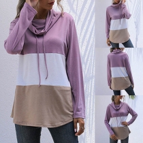 Fashion Contrast Color Long Sleeve Cowl Neck Top