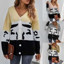 Fashion Contrast Color Long Sleeve V-neck Knit Cardigan