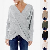 Fashion Solid Color Long Sleeve Crossover Knit Top