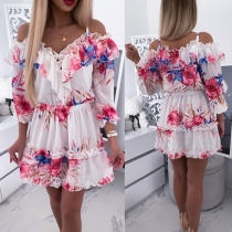 Sexy Off-shoulder V-neck 3/4 Sleeve Printed Ruffle Dress
