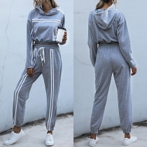 Fashion Striped Spliced Long Sleeve Hooded Top + Pants Two-piece Set