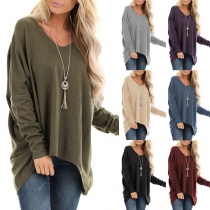 Fashion Solid Color Long Sleeve V-neck High-low Hem T-shirt