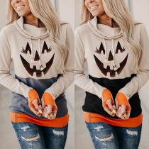 Fashion Contrast Color Long Sleeve Pumpkin Printed Hooded Sweatshirt