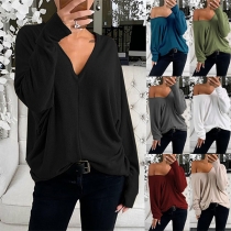 Fashion Solid color Long Sleeve V-neck Loose T-shirt