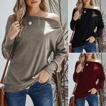 Fashion Solid Color Zipper Long Sleeve Round Neck Top
