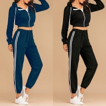Fashion Striped Spliced Long Sleeve Hooded Top + Pants Two-piece Set
