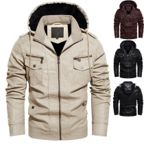 Fashion Solid Color Long Sleeve Hooded Man's PU Leather Jacket
