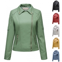 Fashion Solid Color Long Sleeve Oblique Zipper PU Leather Jacket