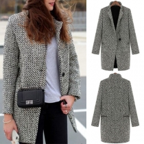Fashion Long Sleeve Notched Lapel Houndstooth Woolen Coat