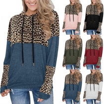 Fashion Leopard Spliced Long Sleeve Hooded Sweatshirt