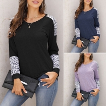 Fashion Solid Color Long Sleeve Round Neck Leopard Spliced T-shirt