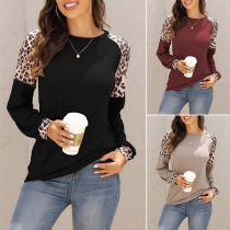 Fashion Long Sleeve Round Neck Leopard Spliced T-shirt