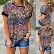 Fashion Leopard Printed Contrast Color Round Neck Short Sleeve T-shirt