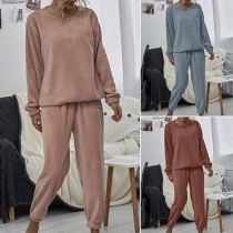 Fashion Solid Color Round Neck Plush Top + PantsTwo Pieces Set