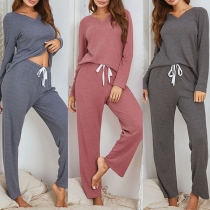 Fashion Solid Color V-Neck Long Sleeve Top + Pants Two-piece Set