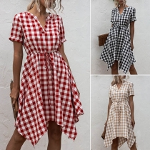 Sexy V-neck Short Sleeve Irregular Hem Plaid Dress