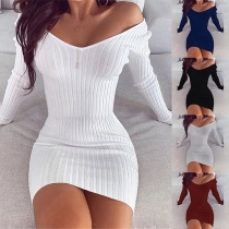 Sexy Solid Color V-Neck Long Sleeve Slim Fit Dress