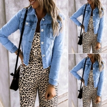 Fashion Long Sleeve POLO Collar Single-breasted Denim Coat