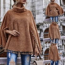 Fashion Solid Color High Collar Tassel Hem Cloak