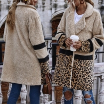 Fashion Leopard Spliced Long Sleeve Notched Lapel Plush Coat