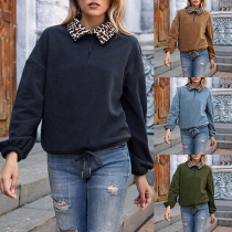 Fashion Leopard Spliced Long Sleeve Stand Collar Plush Sweatshirt