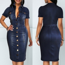 Sexy Short Sleeve POLO Collar Single-breasted Slim Fit Denim Dress