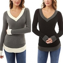 Fashion Contrast Color Long Sleeve V-neck Slim Fit Knit Top