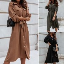 Fashion Solid Color Long Sleeve POLO Collar Single-breasted Shirt Dress