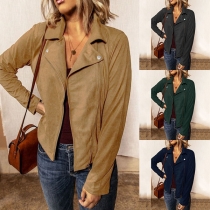 Fashion Solid Color Long Sleeve Oblique Zipper Jacket