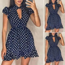 Sexy Ruffle Stand Collar Short Sleeve High Waist Dots Printed Dress