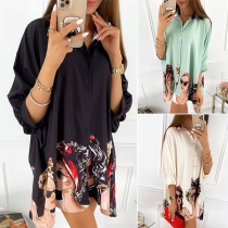 Fashion 3/4 Sleeve POLO Collar Girl Pattern Printed Hem Loose Shirt