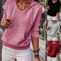 Fashion Solid Color Long Sleeve Hooded Knit Top