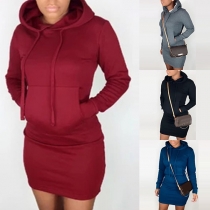 Fashion Solid Color Long Sleeve Hooded Slim Fit Sweatshirt Dress(The size runs small)