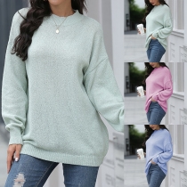 Fashion Solid Color Long Sleeve Round Neck Loose Knit Top