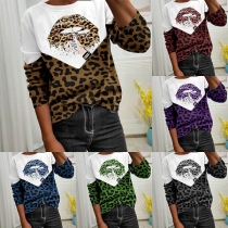 Fashion Leopard Spliced Long Sleeve Round Neck Sweatshirt