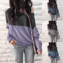 Sexy Off-shoulder Lantern Sleeve Contrast Color T-shirt