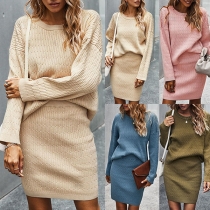 Fashion Solid Color Long Sleeve Round Neck Knit Top + Skirt Two-piece Set