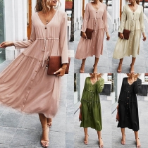 Fashion Solid Color Long Sleeve V-neck Dress