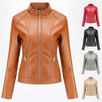 Fashion Solid Color Long Sleeve Stand Collar Slim Fit PU Leather Coat