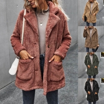 Fashion Solid Color Long Sleeve Notched Lapel Plush Coat